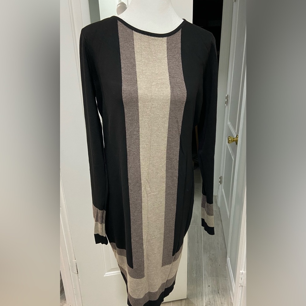 Premise Elegant Black and Beige Long Sleeve Dress